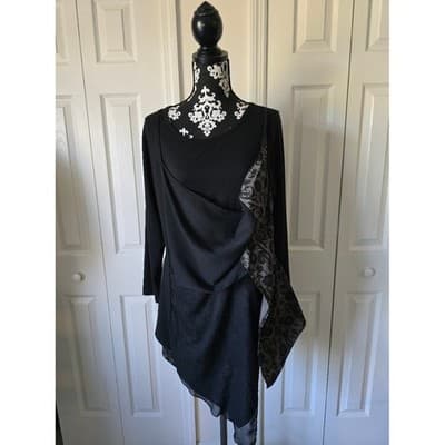Black Asymmetric Layered Tunic Top Floral Damask Handkerchief Hem Long Sleeve - Thumbnail 9