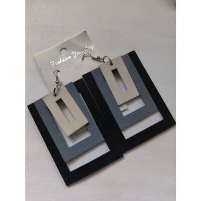 Women Wooden Exaggerated Big Rectangle Dangle Earring - Thumbnail 2