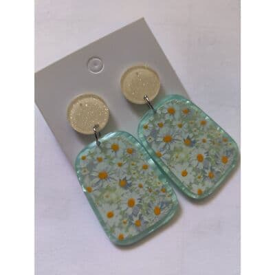 Daisy Printed Acrylic Earrings - Geometric Statement Earrings - Thumbnail 3