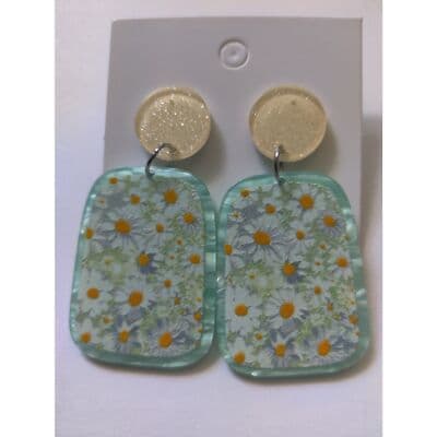 Daisy Printed Acrylic Earrings - Geometric Statement Earrings - Thumbnail 2