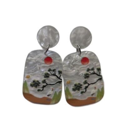 Landscape Painting Acrylic Drop Earrings For Women, Geometric & Creative Design - Image 1