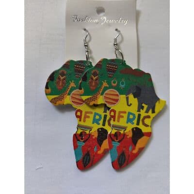African Map Wood Painted Tribal Earrings - Thumbnail 2