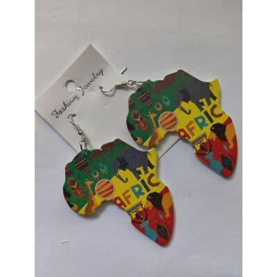 African Map Wood Painted Tribal Earrings - Thumbnail 3