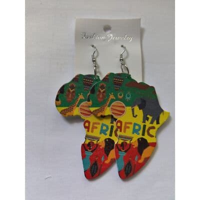 African Map Wood Painted Tribal Earrings - Image 1