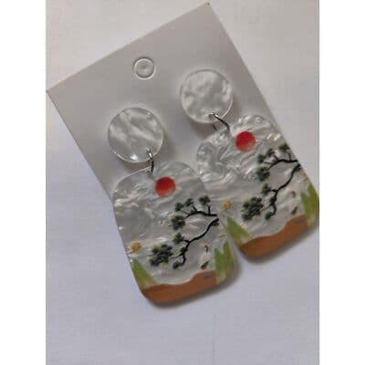 Landscape Painting Acrylic Drop Earrings For Women, Geometric & Creative Design - Thumbnail 3