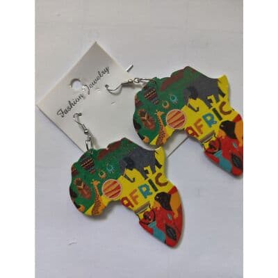 African Map Wood Painted Tribal Earrings - Thumbnail 4