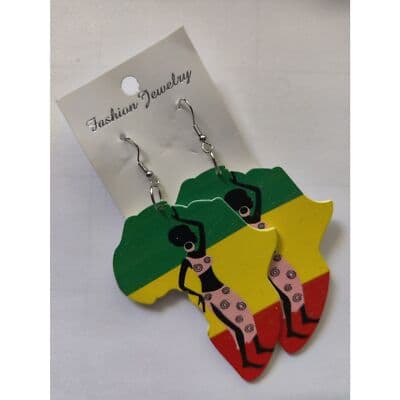 African Women Lady Wood Earrings - Thumbnail 2