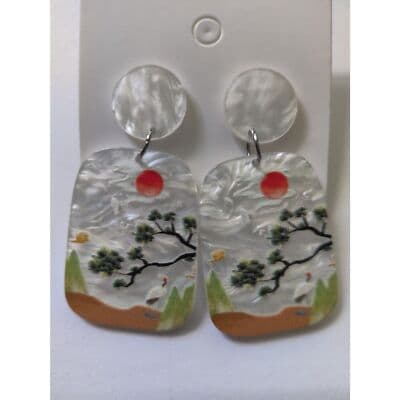 Landscape Painting Acrylic Drop Earrings For Women, Geometric & Creative Design - Thumbnail 2