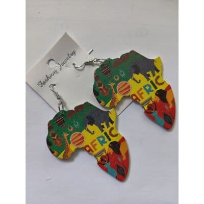 African Map Wood Painted Tribal Earrings - Thumbnail 5