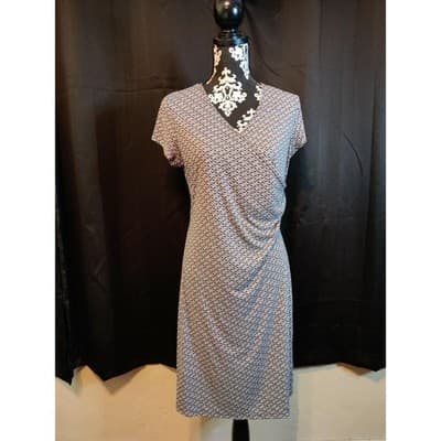 Michael Taylor Apparel Black White Geometric Print V Neck Ruched Sheath Dress L - Thumbnail 2