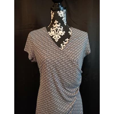 Michael Taylor Apparel Black White Geometric Print V Neck Ruched Sheath Dress L - Thumbnail 3