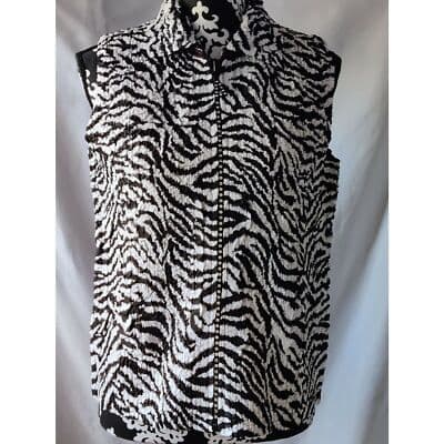 Womens Rhinestone Zip Up Collared Top Balck White Leopard Print Vest Sleeveless - Thumbnail 2