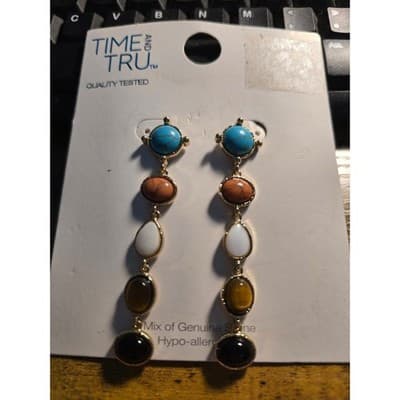 Linear Stone Dangle Earring Gold Tone Women Fashion Jewelry - Thumbnail 9