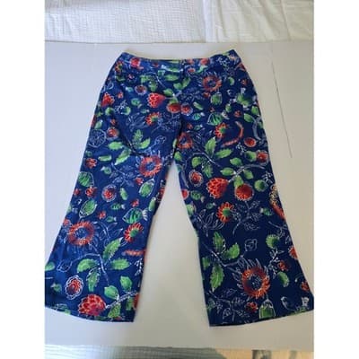 Chicos Floral Turtle Wide Leg Cropped Pants Women Size 1.5 Blue Red Green - Image 1