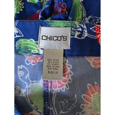 Chicos Floral Turtle Wide Leg Cropped Pants Women Size 1.5 Blue Red Green - Thumbnail 7