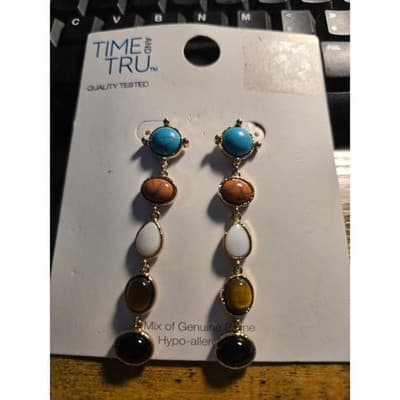 Linear Stone Dangle Earring Gold Tone Women Fashion Jewelry - Thumbnail 3