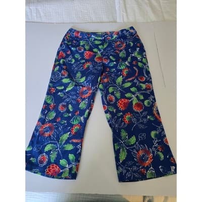 Chicos Floral Turtle Wide Leg Cropped Pants Women Size 1.5 Blue Red Green - Thumbnail 2