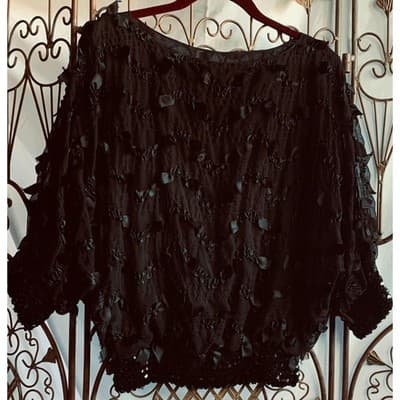 Siasia New York Vintage Black Sequin Ribbon Applique Batwing Blouse Small - Image 1
