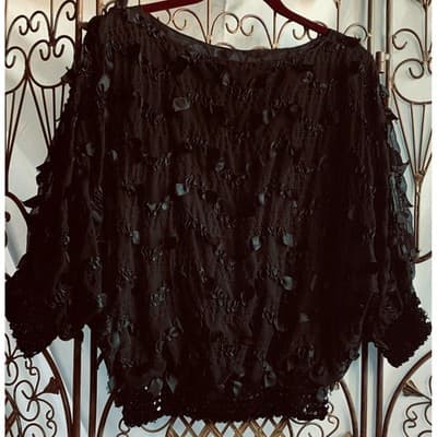 Siasia New York Vintage Black Sequin Ribbon Applique Batwing Blouse Small - Thumbnail 10