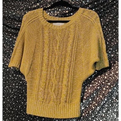 Ann Taylor LOFT Sweater Cable Knit Cotton Round Neck Short Sleeve Yellow Size XS - Thumbnail 2