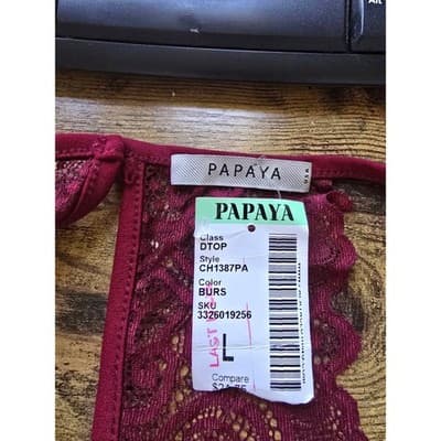 Papaya Womens Burgundy Lace Back Peplum V-Neck Sleeveless Top CH1387PA Size L - Thumbnail 3