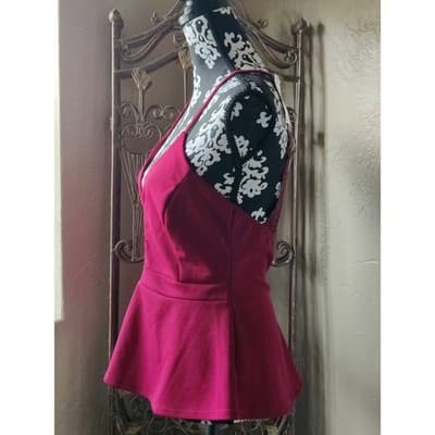 Papaya Womens Burgundy Lace Back Peplum V-Neck Sleeveless Top CH1387PA Size L - Thumbnail 12