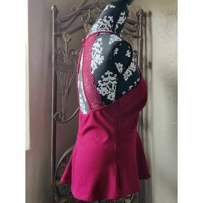 Papaya Womens Burgundy Lace Back Peplum V-Neck Sleeveless Top CH1387PA Size L - Thumbnail 11