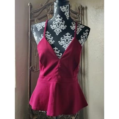 Papaya Womens Burgundy Lace Back Peplum V-Neck Sleeveless Top CH1387PA Size L - Thumbnail 13