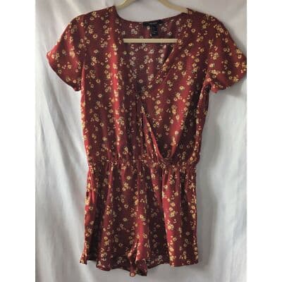 Forever 21 Floral Wrap Cap Sleeve Top Blouse Elastic Waist Marron Womens Small - Image 1