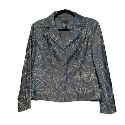 RQT Womens Blue Denim Floral Embroidered Blazer Jacket S Indigo White Outling - Thumbnail 9
