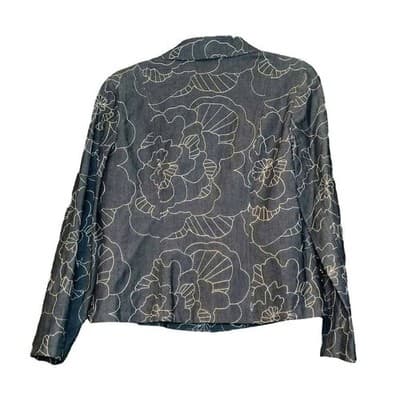 RQT Womens Blue Denim Floral Embroidered Blazer Jacket S Indigo White Outling - Thumbnail 2