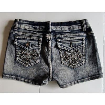Rosy Loves Acid Wash Embellished Denim Shorts Size 11 Rhinestone Studded Y2K - Thumbnail 2