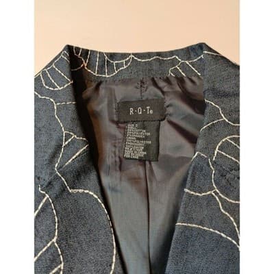 RQT Womens Blue Denim Floral Embroidered Blazer Jacket S Indigo White Outling - Thumbnail 3
