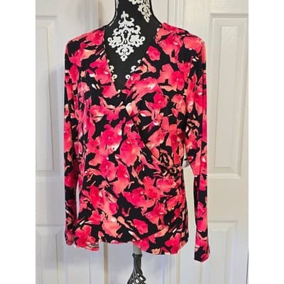 INC International Concepts Womens 1X Floral Print V Neck Ruched Long Sleeve Top - Image 1
