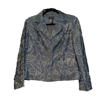 RQT Womens Blue Denim Floral Embroidered Blazer Jacket S Indigo White Outling - Image 1
