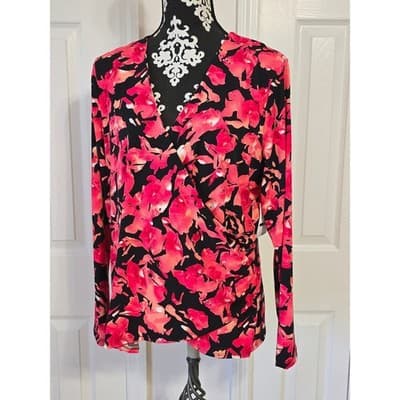 INC International Concepts Womens 1X Floral Print V Neck Ruched Long Sleeve Top - Thumbnail 14