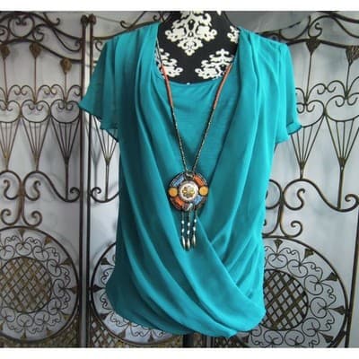 IN Studio Petite Teal Draped Surplice Top with Statement Necklace PL 5451646 - Thumbnail 10