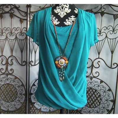 IN Studio Petite Teal Draped Surplice Top with Statement Necklace PL 5451646 - Thumbnail 11