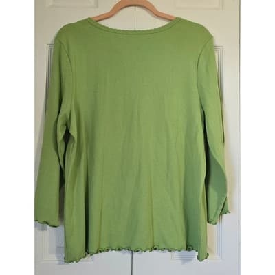 Westbound Lime Green Lace Trim V-Neck Top Lettuce Edge Long Sleeve XL NEW - Thumbnail 2