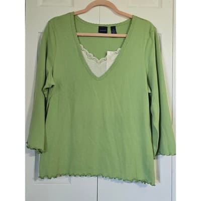 Westbound Lime Green Lace Trim V-Neck Top Lettuce Edge Long Sleeve XL NEW - Thumbnail 9