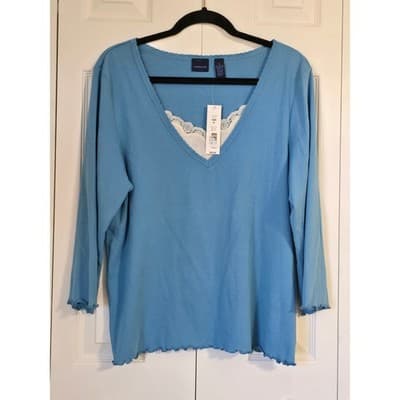 Westbound Niagra Blue Lace Trim V-Neck Cotton Top XL F61KW739 Lettuce Edge NEW - Image 1