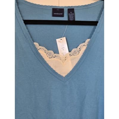 Westbound Niagra Blue Lace Trim V-Neck Cotton Top XL F61KW739 Lettuce Edge NEW - Thumbnail 10