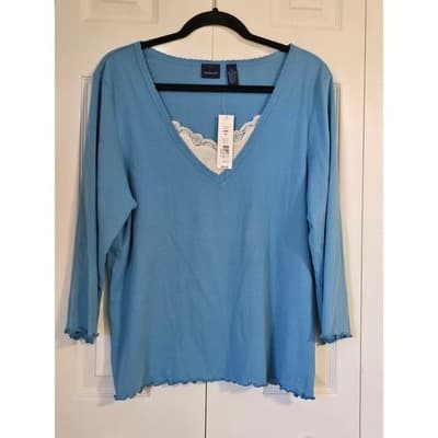 Westbound Niagra Blue Lace Trim V-Neck Cotton Top XL F61KW739 Lettuce Edge NEW - Thumbnail 9