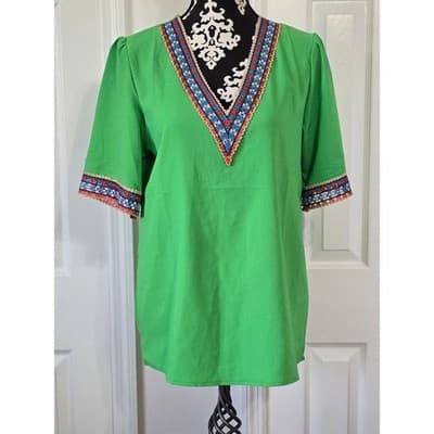 Vibrant Green Embroidered V Neck Tunic Top Women's Boho Festival Chic Style - Thumbnail 3