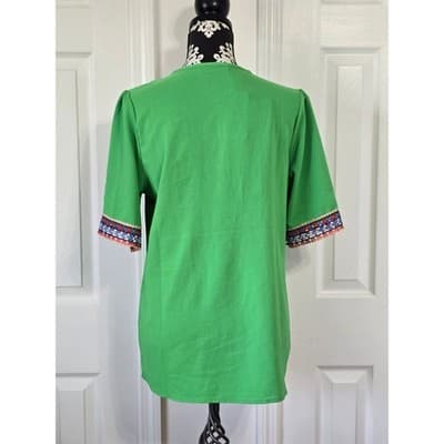 Vibrant Green Embroidered V Neck Tunic Top Women's Boho Festival Chic Style - Thumbnail 2