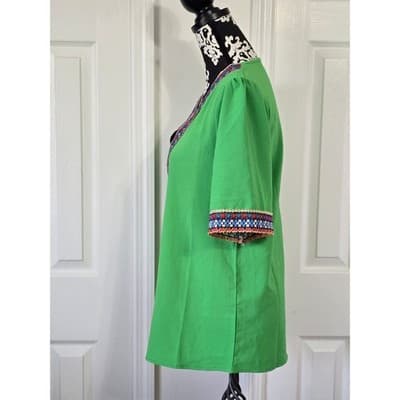 Vibrant Green Embroidered V Neck Tunic Top Women's Boho Festival Chic Style - Thumbnail 5
