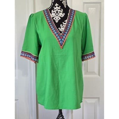 Vibrant Green Embroidered V Neck Tunic Top Women's Boho Festival Chic Style - Image 1