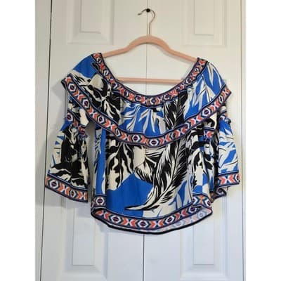 Flying Tomato Blue Tropical Leaf Off Shoulder Boho Top IT10005-TJ Small - Image 1