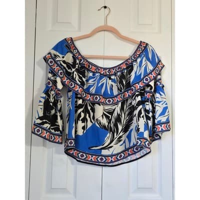 Flying Tomato Blue Tropical Leaf Off Shoulder Boho Top IT10005-TJ Small - Thumbnail 9