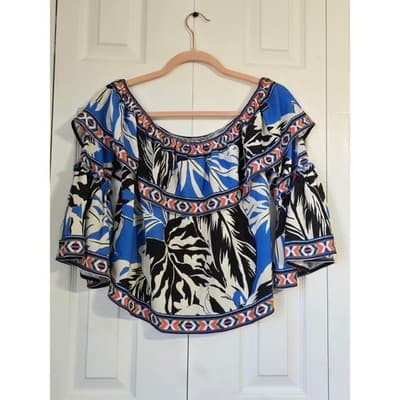 Flying Tomato Blue Tropical Leaf Off Shoulder Boho Top IT10005-TJ Small - Thumbnail 8